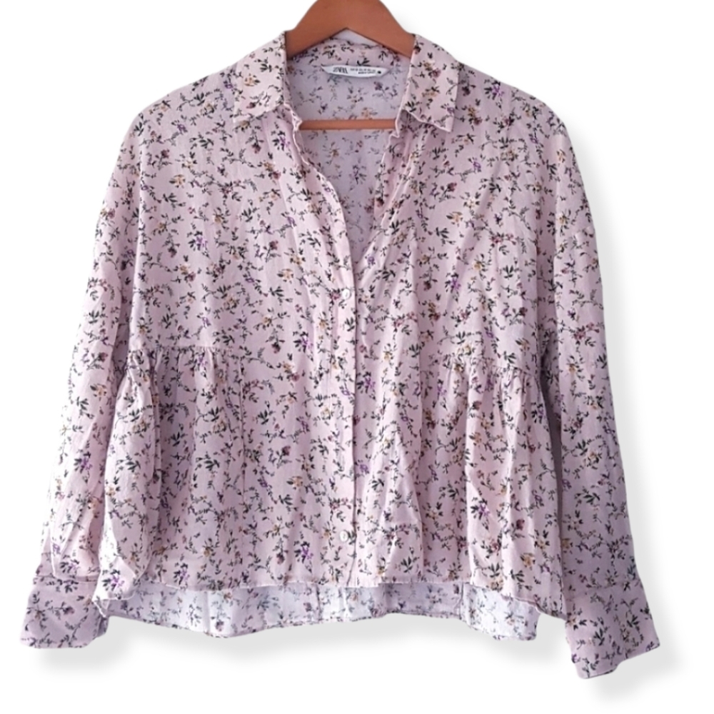 ZARA Pink Floral Collar Neck Cotton + Linen Front Button Peplum Shirt